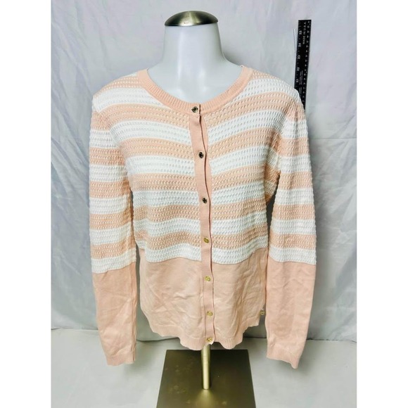 Calvin Klein Sweaters - Calvin Klein ~ Women Striped‎ Button Front Cardigan ~ Peach & White ~ Size Small